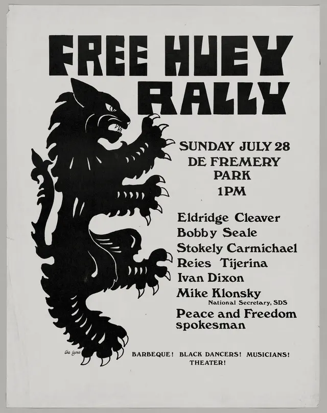 Poster for the 1968 Free Huey rally at De Fremery Park in Oakland, demanding the release of Black Panther Party co-founder Huey P. Newton