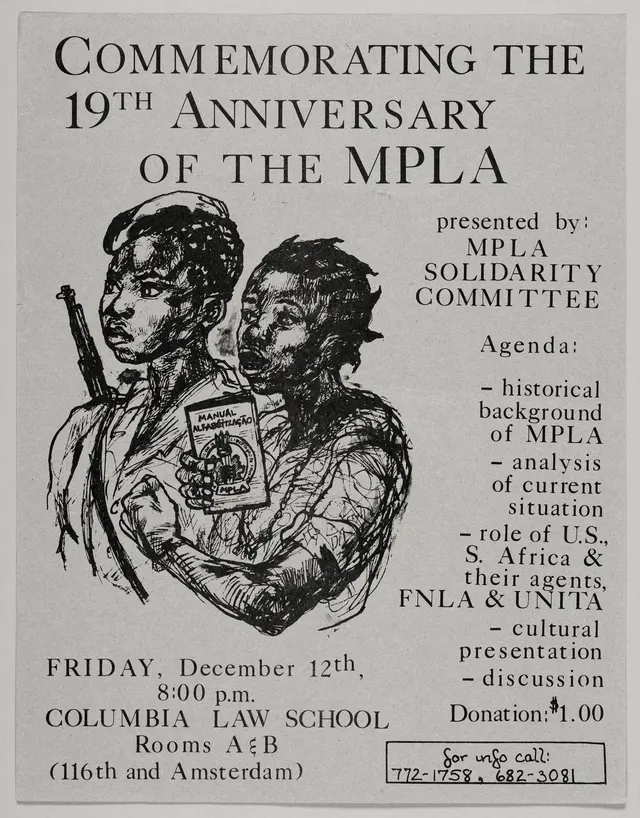 Flier commemorating the 19th anniversary of the MPLA, Angola's liberation movement, illustrated with two MPLA members and issued in New York City, December 1975