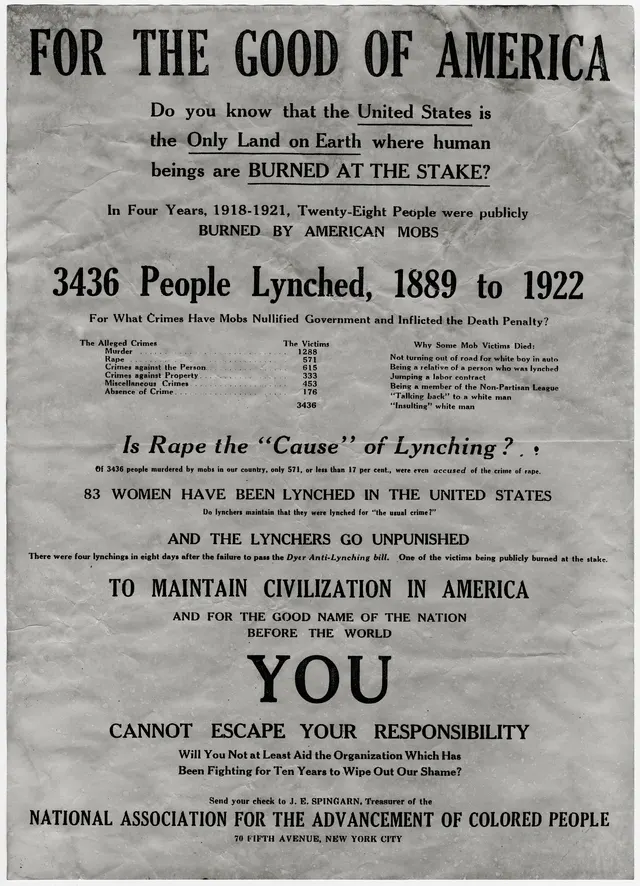 NAACP anti-lynching broadside headed 'For the Good of America,' documenting 3,436 people lynched in the United States from 1889 to 1922