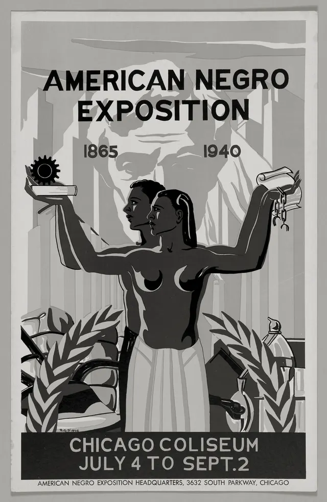 Poster for the 1940 American Negro Exposition in Chicago, marking 75 years of Black achievement since emancipation