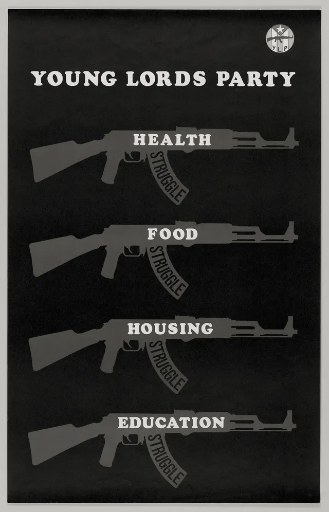 Young Lords Party poster stacking four illustrated rifles labeled Health, Food, Housing, and Education above the party's insignia, circa 1971